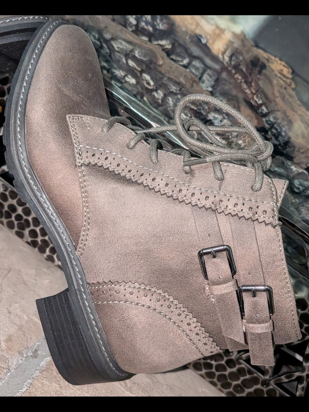 Women's Cliffs Taupe Suede Lace-Up Ankle Boots with Buckle Detail
